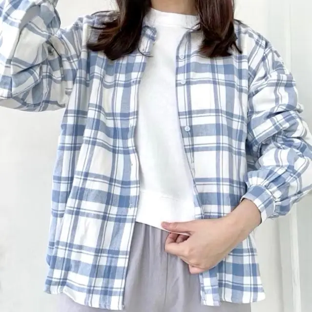 Kemeja Flanel Wanita Korea Oversize Baju Casual Kotak-Kotak Tangan Panjang