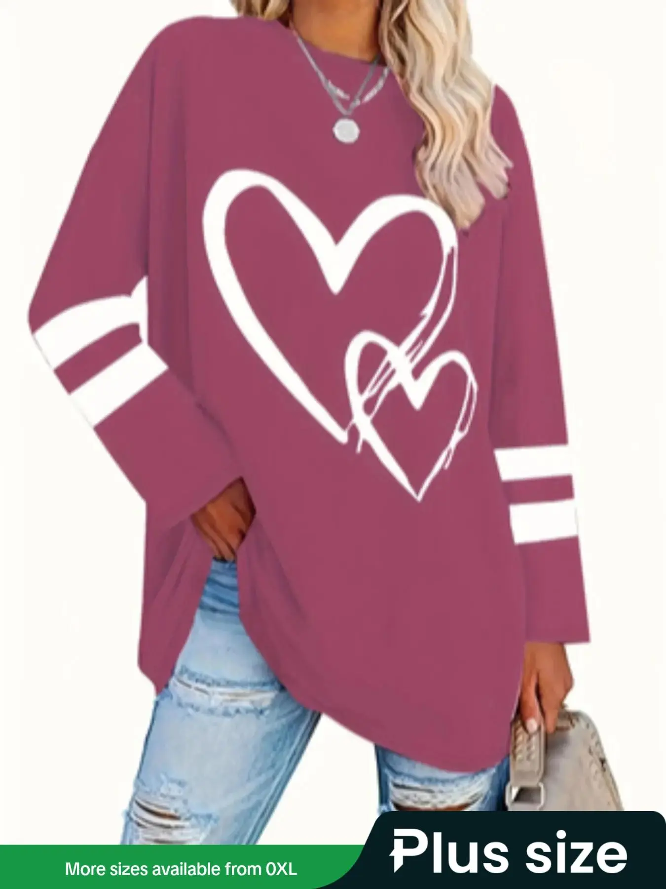 【Plus Size】 Heart & Striped Print Long Sleeve Tee, Casual Round Neck T-shirt for Spring & Fall, Women's Clothing for Daily Valentine's Day Wear, Autumn Winter Outfit, Tops for Women