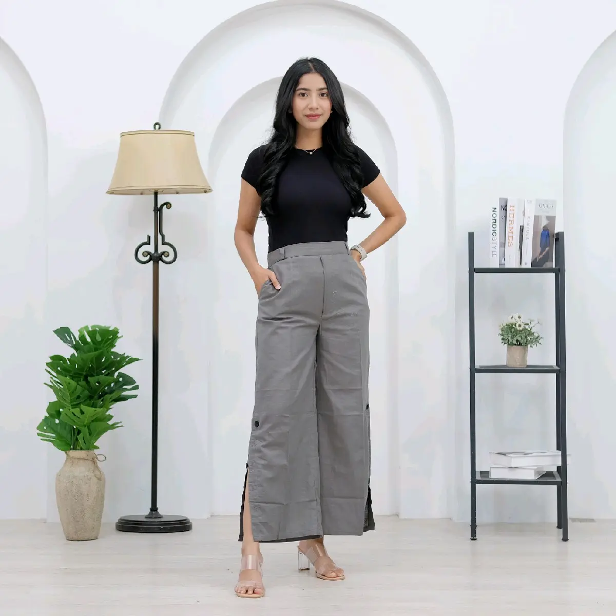 AA - celana kulot terbaru variasi kancing samping bawah aktif Kain katun linen premium pinggang karet full nyaman celana wanita casual dewasa Santai Panjang Formal Lembut cutbray Basic Bawahan