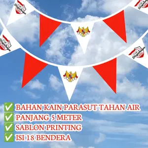 Bendera Merah Putih Hut Republik Indonesia Bunting Flag Segitiga Gantung 5 meter motif Sablon Garuda Bahan Kain Parasut