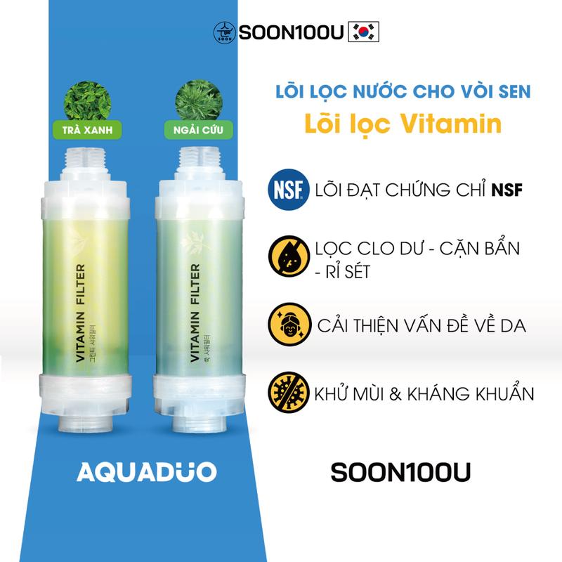  Lõi lọc nước Vitamin gắn vòi hoa sen hoặc củ sen tắm có 2 mùi Trà Xanh Ngải Cứu Aquaduo Soon100u 