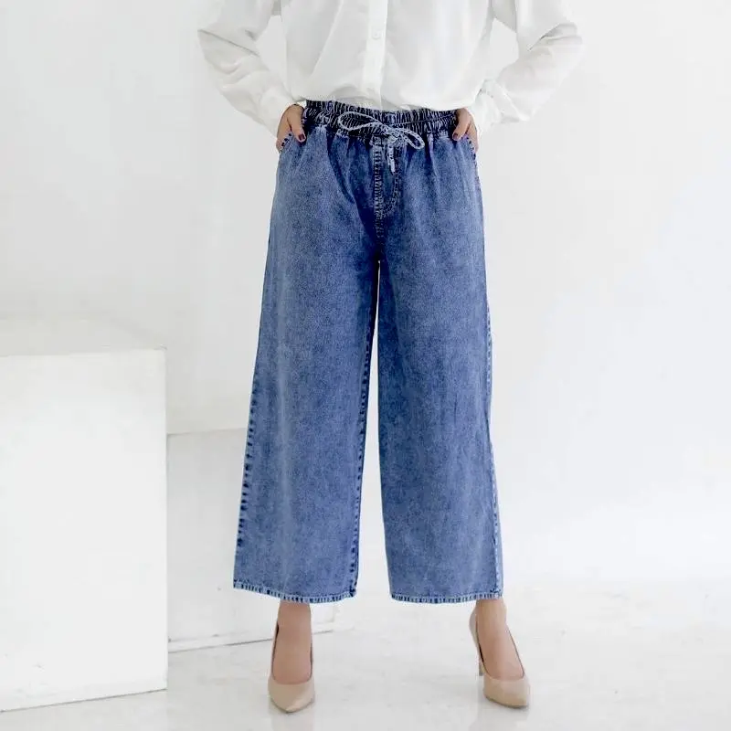 Kulot Jeans Highwaist Wanita Super Jumbo/ Celana Jeans Kulot Snow Pinggang Karet Serut 4