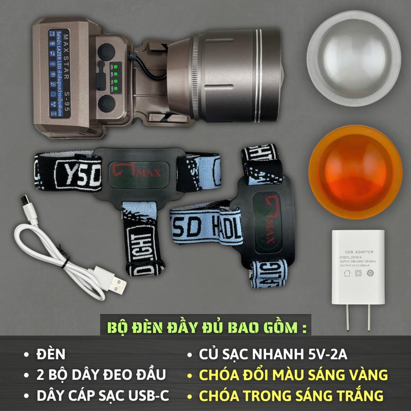 Đèn pin đội đầu siêu sáng MAX STAR S95 zoom sáng xa gần công suất cao 42W soi xa 1200 mét siêu pin trâu