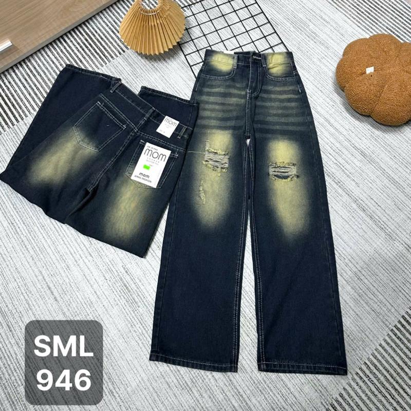 Quần Jean Nữ ống Suông Rách xanh bụi  -Quần baggy nữ ống rộng lưng cao màu RETTO mẫu mới TH946