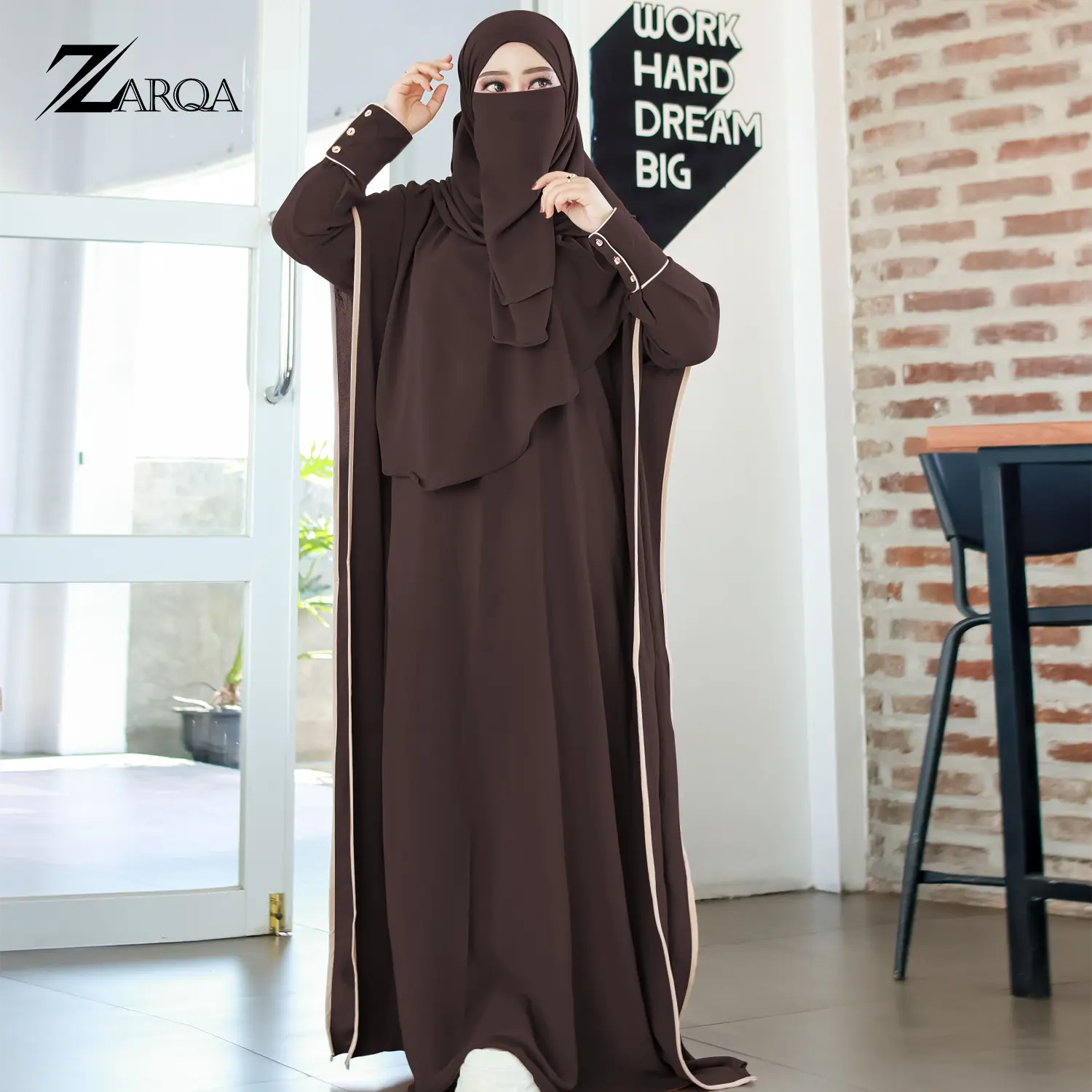 ZARQA - Reisya Set Kaftan dengan Motif Kancing Lengan List Bisban Premium Airflow Crinkle - Hitam, Panjang lebaran terbaru 2025