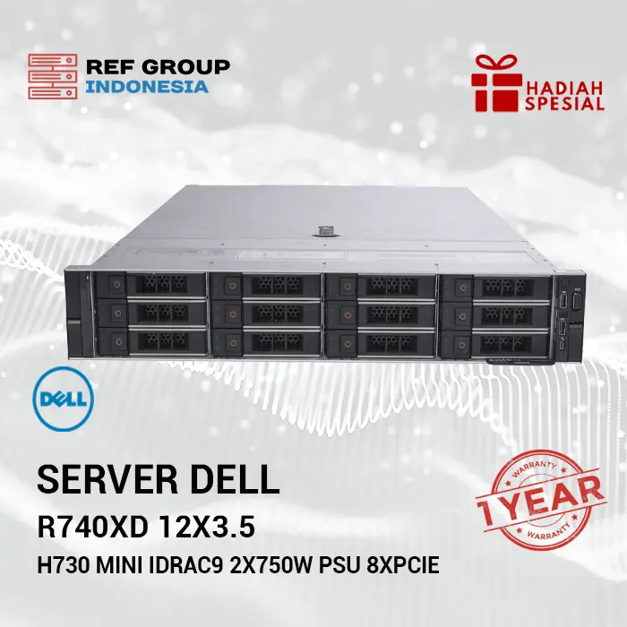 Server Dell PowerEdge R740xd 24xDDR4 H730 Mini iDRAC9 2x750W PSU 8xPCIe 3.0 Ethernet 4x1Gb/s 12LFFx3.5" 2U FCLGA3647 Barebone Support Xeon Gold RAM HDD SAS GARANSI