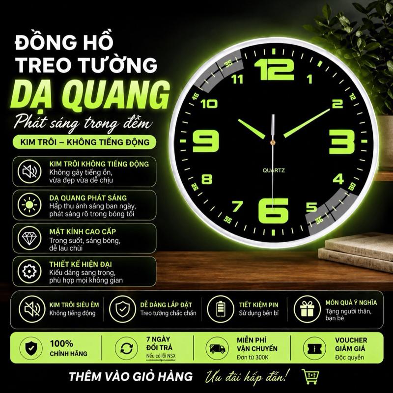 Đồng hồ treo tường dạ quang kim trôi không tiếng động phát sáng trong đêm đường kính 20cm - Màn hình cao cấp (màu ngẫu nhiên)