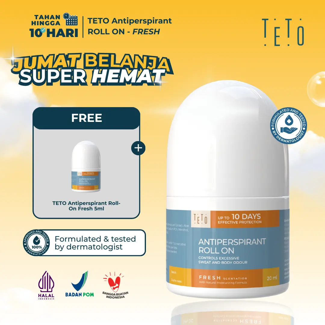 [BUY 1 GET 2] TETO Antiperspirant Roll On 20ml - Fresh, Mengurangi Keringat dan Bau pada tubuh serta ketiak FREE 1 TETO Fresh 5ml