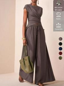 Conjunto de top corto para mujer con mezcla de algodón, blusa sin mangas de ajuste entallado y pantalones largos casuales, diseño liso para todas las estaciones, cómodo para uso diario