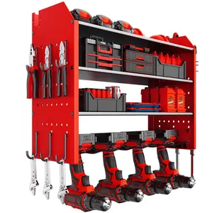 Heavy Duty Power Tool Wall Mounted Organizer Battery Tool Rack with Pegboard Side Racks and Hooks
