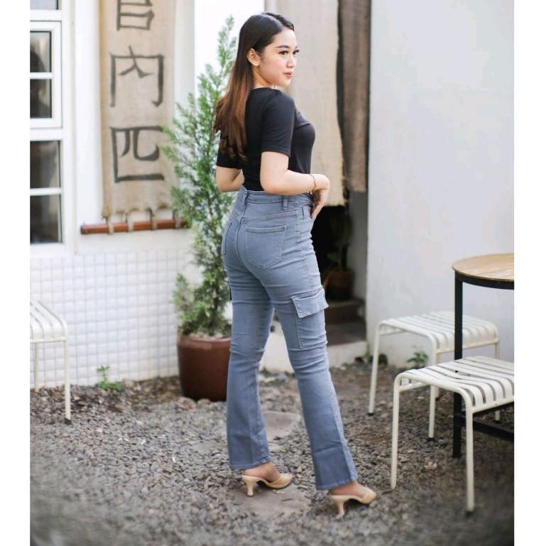 Celana Cargo Cutbray Stretch Highwaist Jeans Big Size Jumbo Wanita Melar 27 - 34 Panjang Korean regular 4