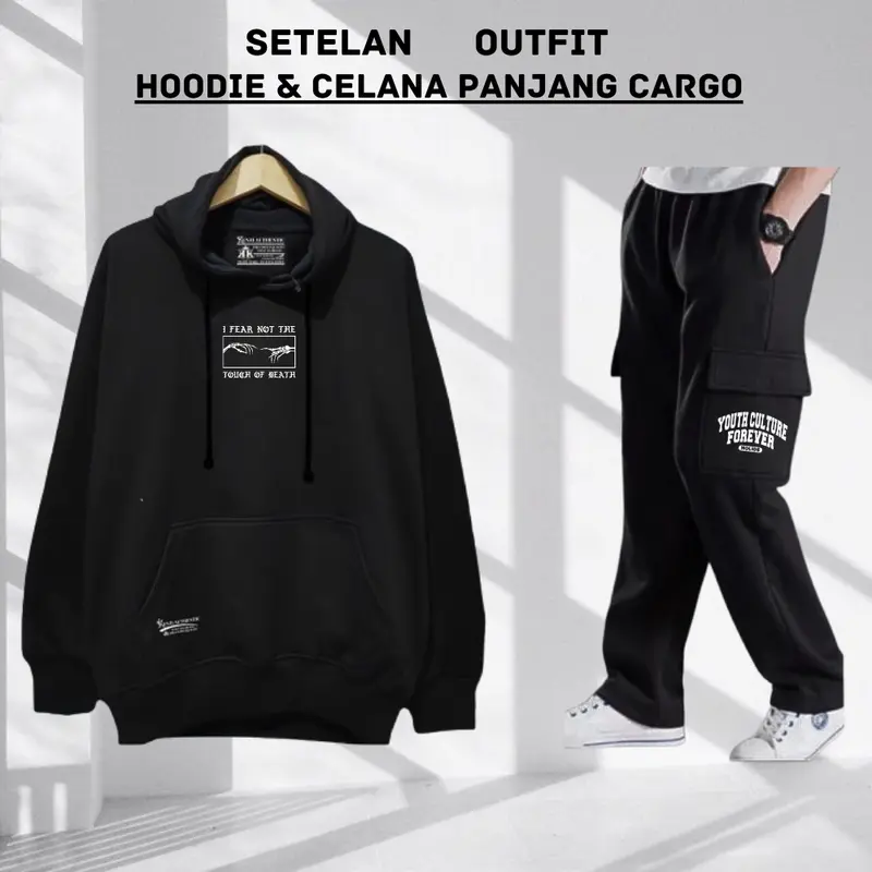 Stelan Outfit Cowok Cewek Oneset Hoodie Celana Panjang Pria Wanita Distro Setelan Sweater Celana Cargo Keren Bahan Tebal Flece Brend Midnight Company Size M L XL XXL Hitam setelan  cargo setelan starboy pria one  set Casual 0