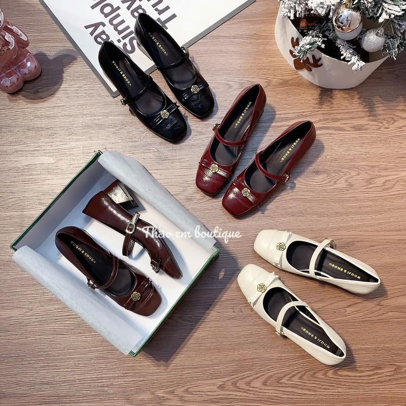 GCH70 Giày búp bê nữ gót 3-4p da mềm khuy cài ngang phối nơ hoa trà da cao cấp