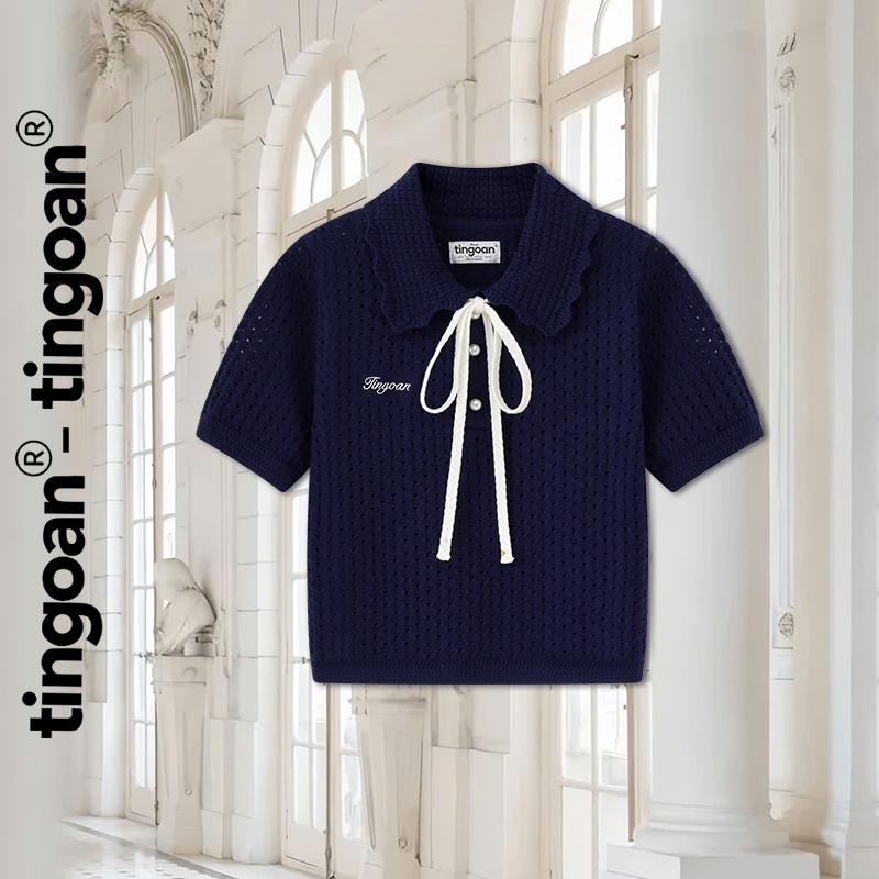 TINGOAN - Áo len xanh than vân lỗ phối cổ bẻ dây nơ cổ YOO YOO TOP DB