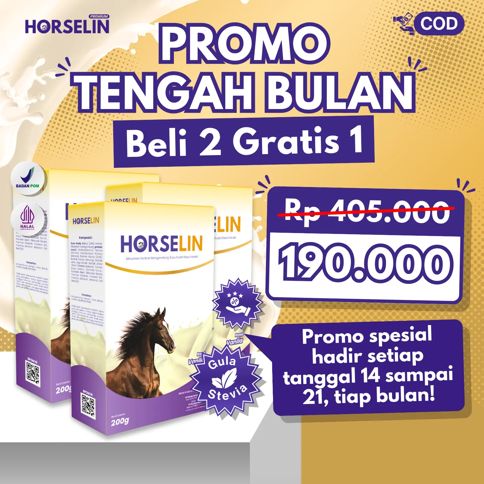 BELI 2 GRATIS 1 [PROMO TENGAH BULAN] HORSELIN Susu Kuda Liar Sumbawa BPOM Halal (200gr)