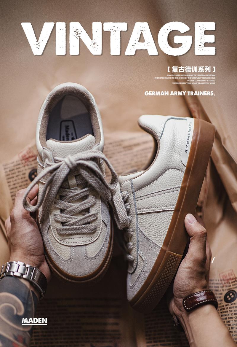 Product Introduction of Maden Men's Full Grain Leather Training Shoes Daily Breathable Low Top Sneakers Outdoor Casual Sports Shoes Retro German Trainer for Men 44