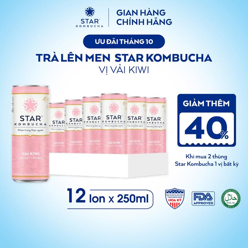 Thùng 12 lon trà STAR KOMBUCHA Vải Kiwi / Lychee (250ml/lon) - Trà lên men vi sinh hỗ trợ tiêu hóa