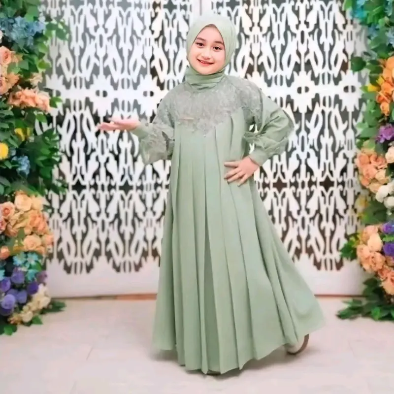 Inara Dress Kids Syari Baju Gamis Muslim Cantik Motif Brukat Bunga Anak Perempuan Ceruty Babydol Premium 5-12 Tahun Size L dan XL Panjang dan Tanggung Shakila Set Kerudung Pasmina Lebaran 2025 3