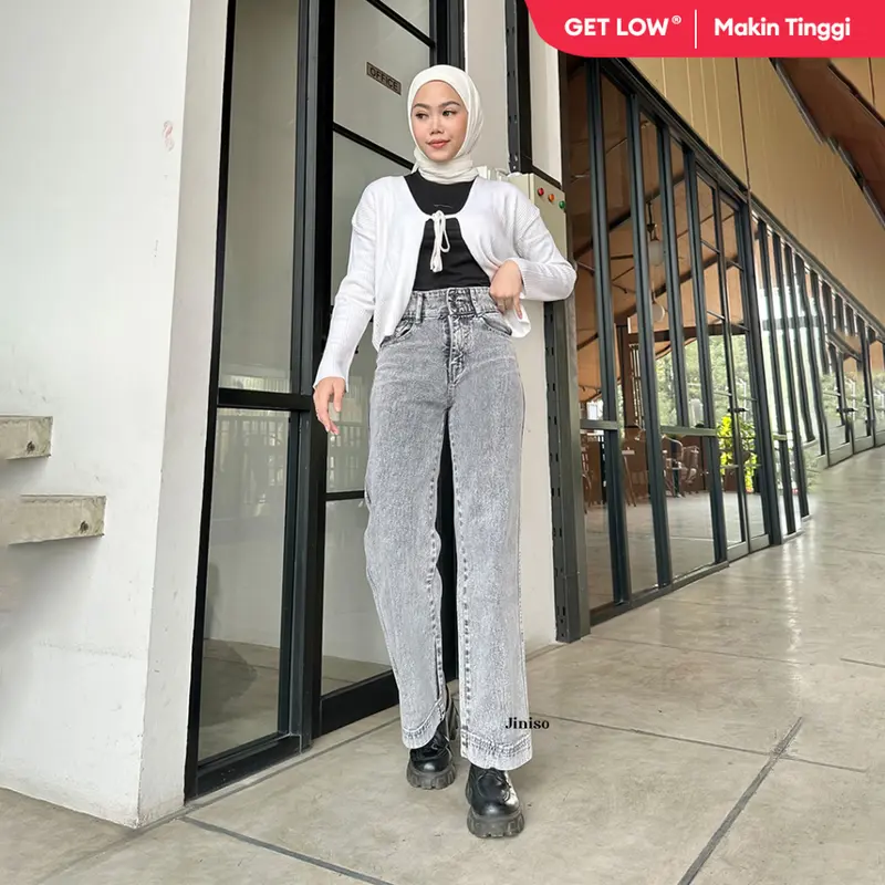 JINISO GET LOW - 581 Baggy Highwaist Celana Jeans Wanita Warna Snow Grey 0