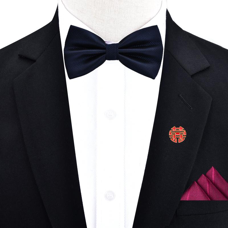 Product Introduction of Groom's Wedding Tie Pocket Scarf Square Scarf Chest Needle Breast Flower Three piece Set Red Bow Men's Black Gentleman 11