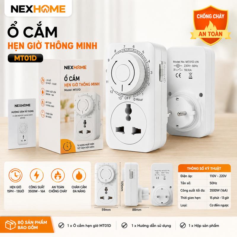 Ổ Cắm Hẹn Giờ Thông Minh NexHome , Hẹn Giờ 13H – Tự Động Ngắt Điện – An Toàn Chống Cháy – Tiết Kiệm Điện