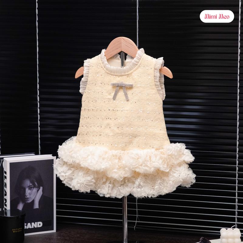 Mimi Meo - TD362 Váy bé gái xinh 9-34kg - Đầm dạ vàng kim sa chân hoa nổi điệu đà - Đi tiệc sang chảnh
