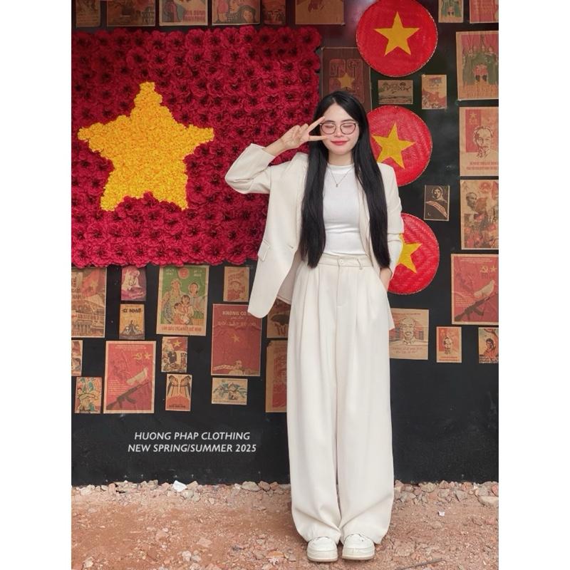 SET VEST DÀI TAY Nữ ÁO BLAZER MÀU TRẮNG KEM CÙNG QUẦN ỐNG XUÔNG ĐỨNG FORM HÀNG QC LOẠI 1 BY HUONGPHAPCLOTHING Nữ Women