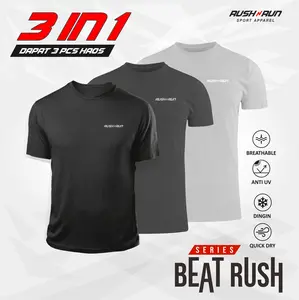 Paket 3 Baju Kaos Olahraga Pria Rush N Run Bahan Dryfit Berpori Nyaman Cepat Kering abu sport