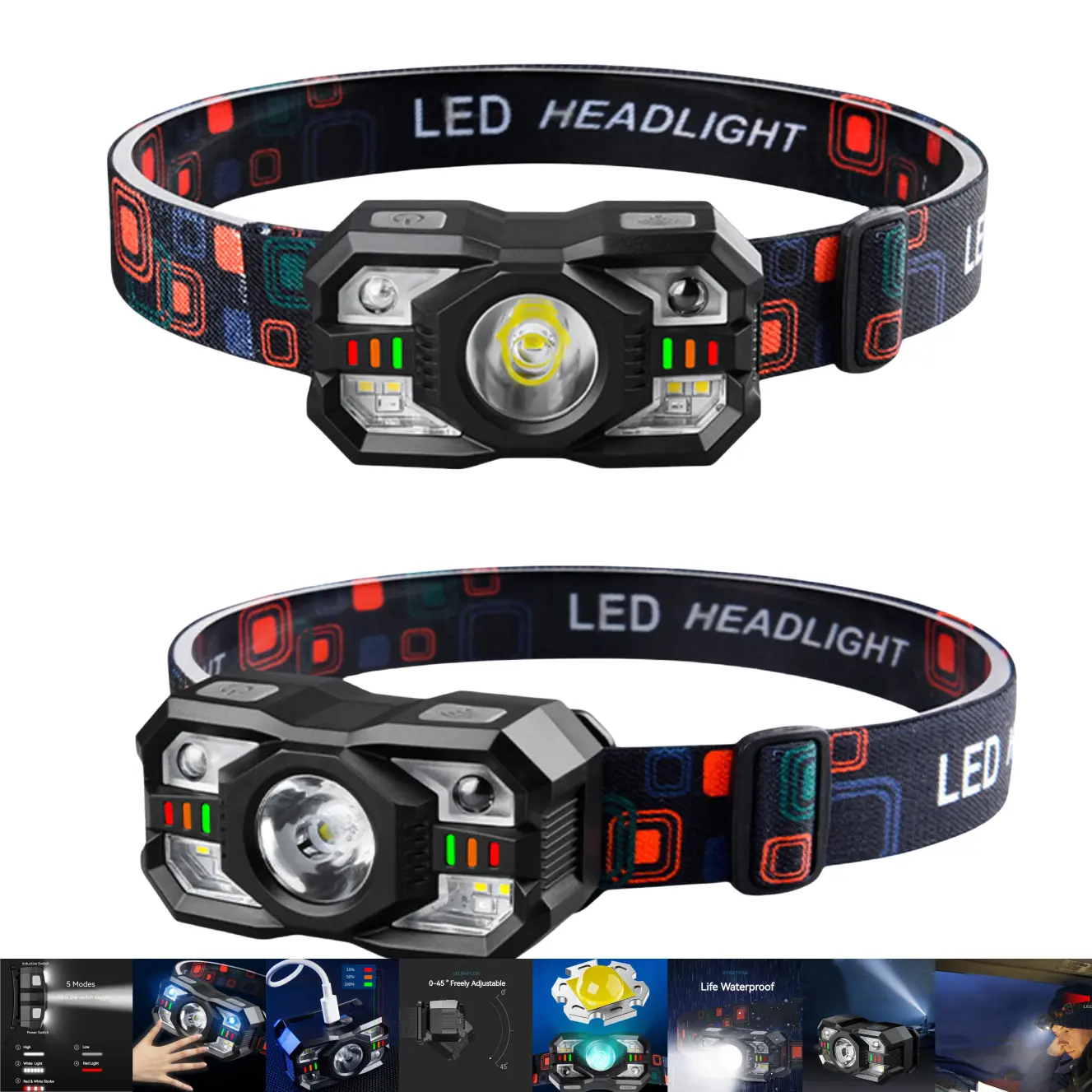 Induction headlights Rechargeable zoom 5-mode ultra bright portable LED sensor headlight Outdoor ultra light camping fishing cycling hiking travel lights