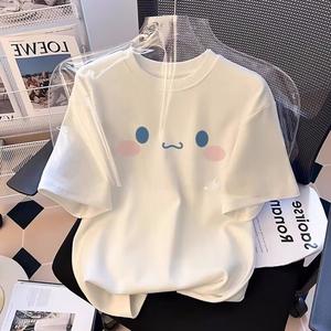 女性用半袖Tシャツ、子犬表情丸首、ゆったり、純綿カジュアル上着、丸首、ショルダーベルト、ゆったりシルエット、通気性、肩落ちデザインプリントTシャツ夏のゆったりタイプ