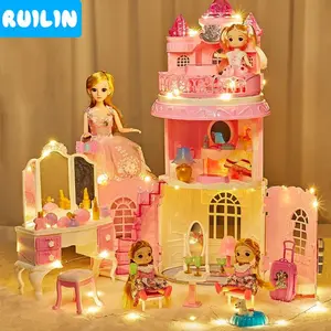 RuiLin Mainan Princess Rumah Koper Rumah Kastil dengan Boneka Lampu