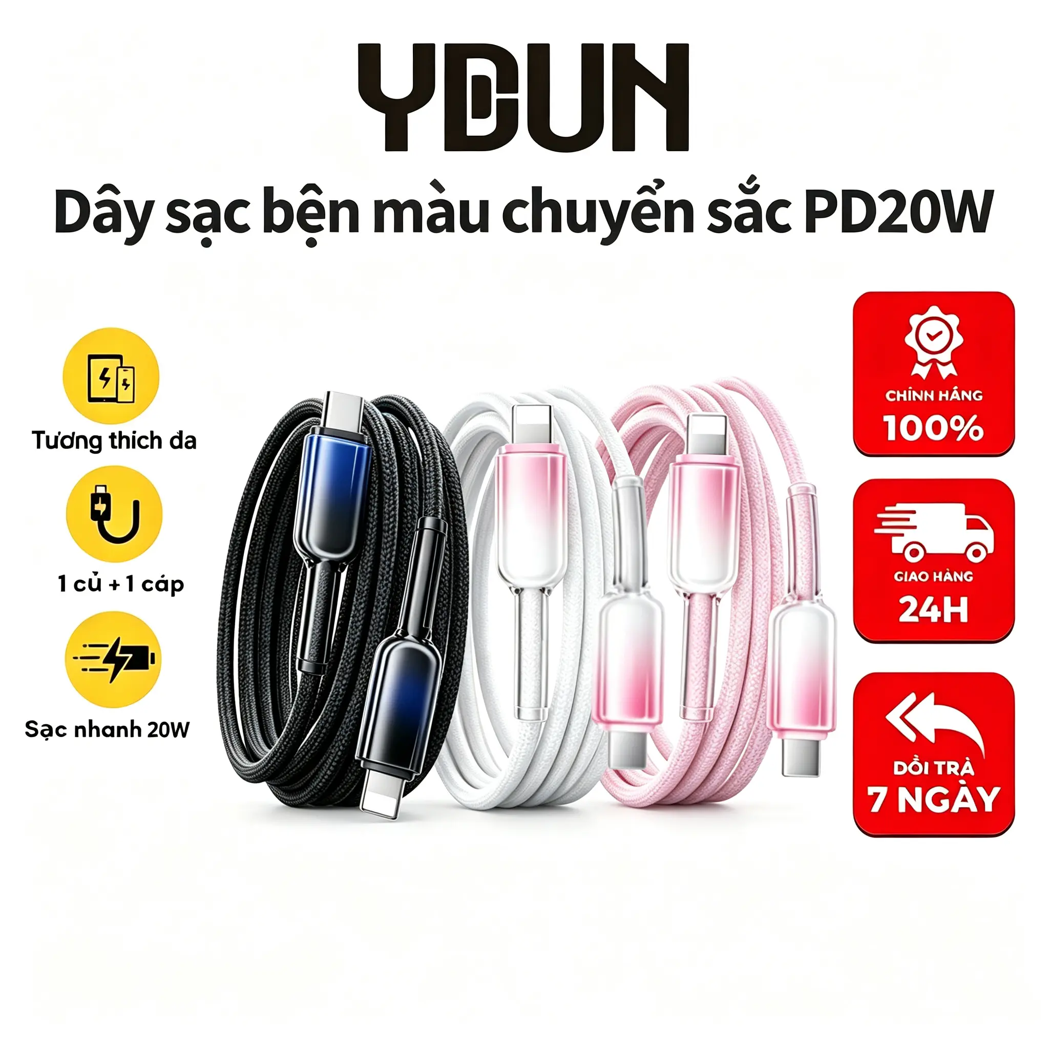 Cáp sạc nhanh PD20W, chất liệu bện, chống va đập và vỡ, bền bỉ, tương thích với dòng iP 6-14 sạc nhanh 20W Chiều dài 1 mét