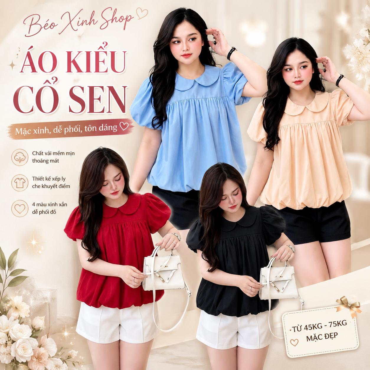 Áo Kiểu Babydoll Cổ Sen Tay Phồng Form Suông Che Khuyết Điểm Có Bigsize 45-90kg Thời Trang Nữ Béo Xinh Shop - A.1856