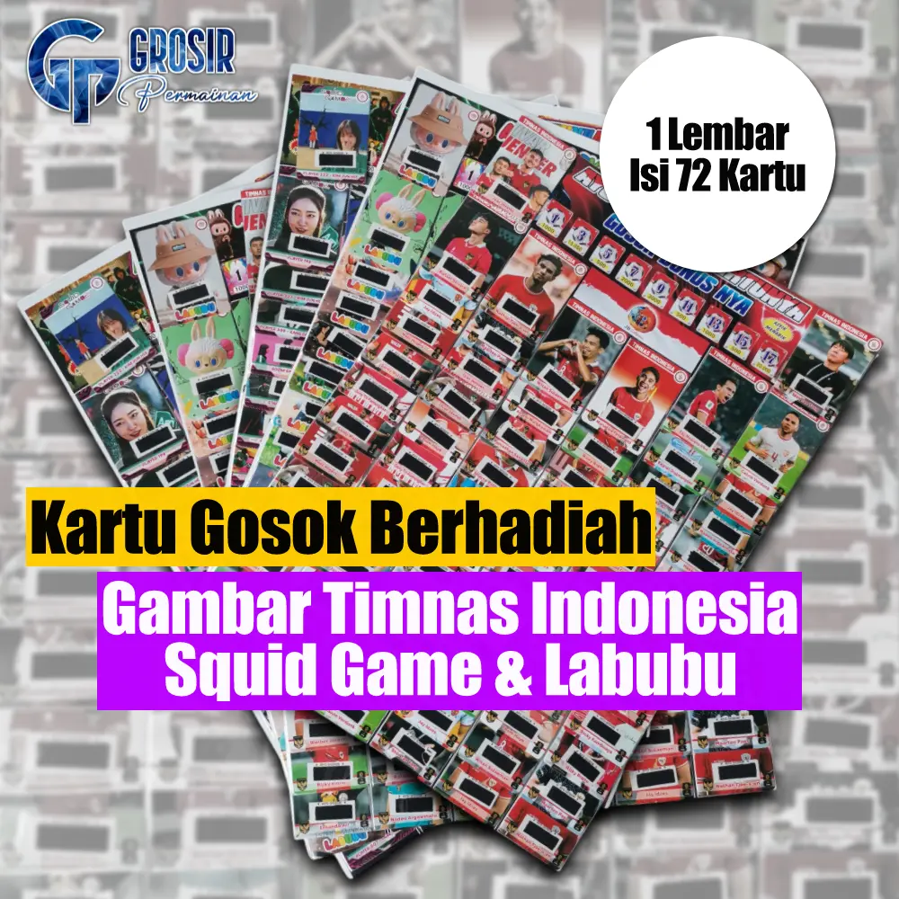 Kartu Gosok Berhadiah Bergambar Timnas Indonesia / Squid Game / Labubu 1 Lembar Isi 72 Pcs