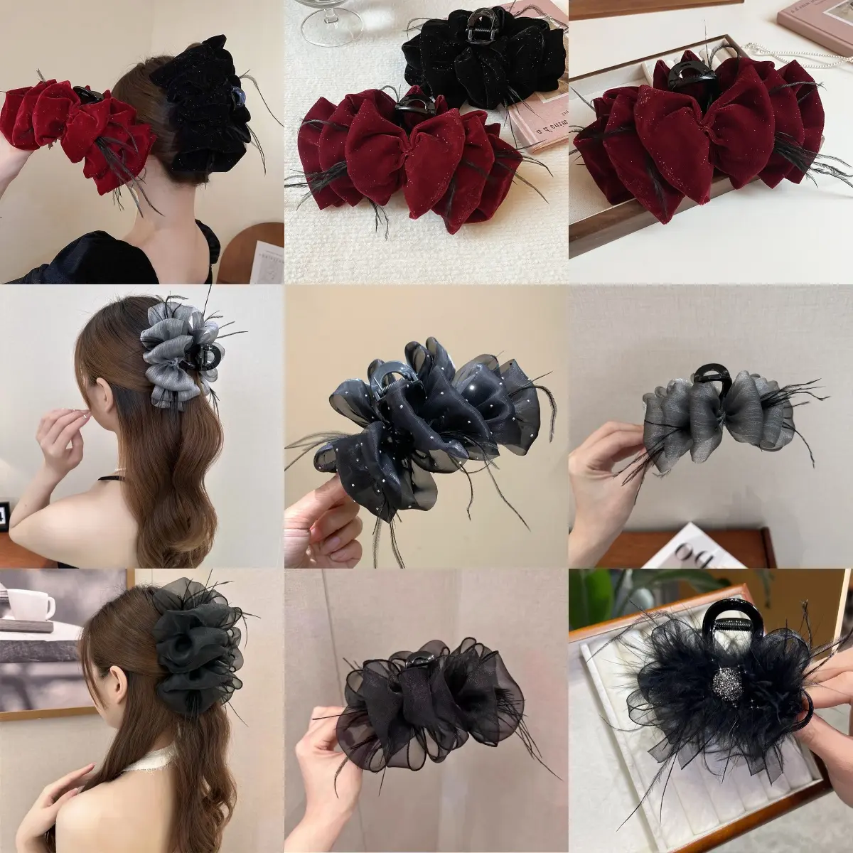 Kẹp Tóc Lưới Bong Bóng, Dành Cho Nữ, Thiết Kế Lông Vũ Đám Mây Đen Ở Phía Sau Đầu, Kẹp Cá Mập Cỡ Lớn Phong Cách Mới, Băng Đô Kẹp Lớn，Lông vũ kẹp, tiên khí bồng bềnh, mẫu kẹp mới nhất hiện nay