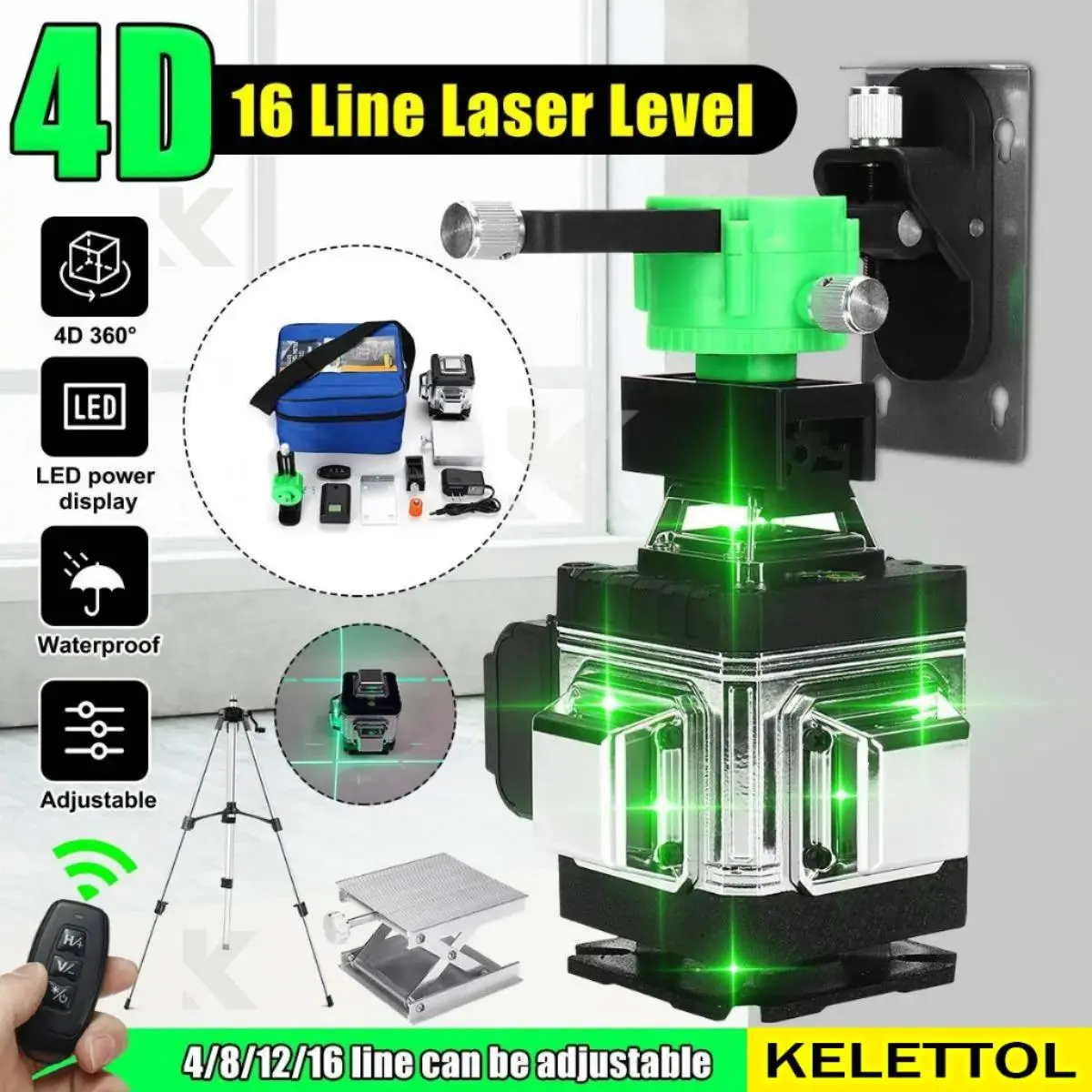 4d 16 Line Waterpass Laser Bangunan Level Leser Bangunan Keramik Timbangan Alat Tukang Meter Kramik Timbangan Alat Tukang Untuk Pengukuran Keramik Green Self-leveling 360° Alat Ukur Otomatis Berputar