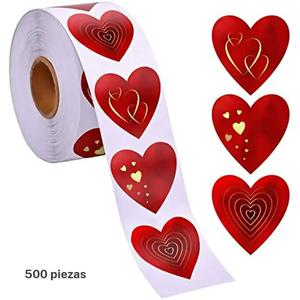 500pcs Etiquetas en Forma de Corazón con Foil, 3 Diseños Únicos por Rollo, Perfectas para Celebraciones de San Valentín y Aniversarios