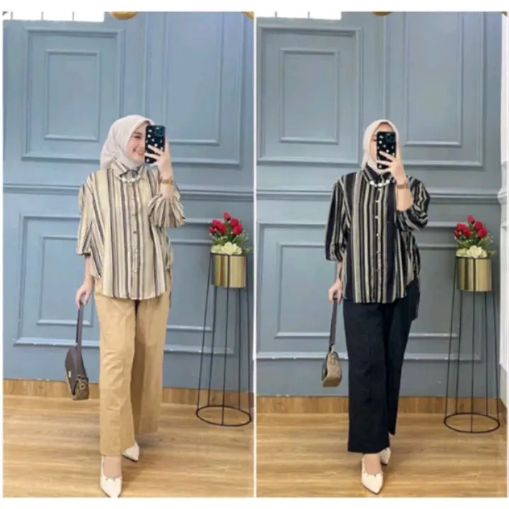 Setelan salur azura wanita | Setelan salur wanita bahan rayon mix cringkel premium