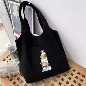 Tote Bag Karakter Lucu Sablon DTF Saku Depan Hitam Totebag Wanita Aesthetic Kanvas