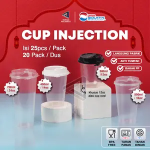 Thinwall Cup Injection Oval 380ml 12oz & 400ml 14oz / 500ml 16oz / 700ml 24oz Datar / Gelas Thinwall / PP Cup Injection Reusable Kuat + Tutup / Gelas Plastik Tebal Isi 25pcs