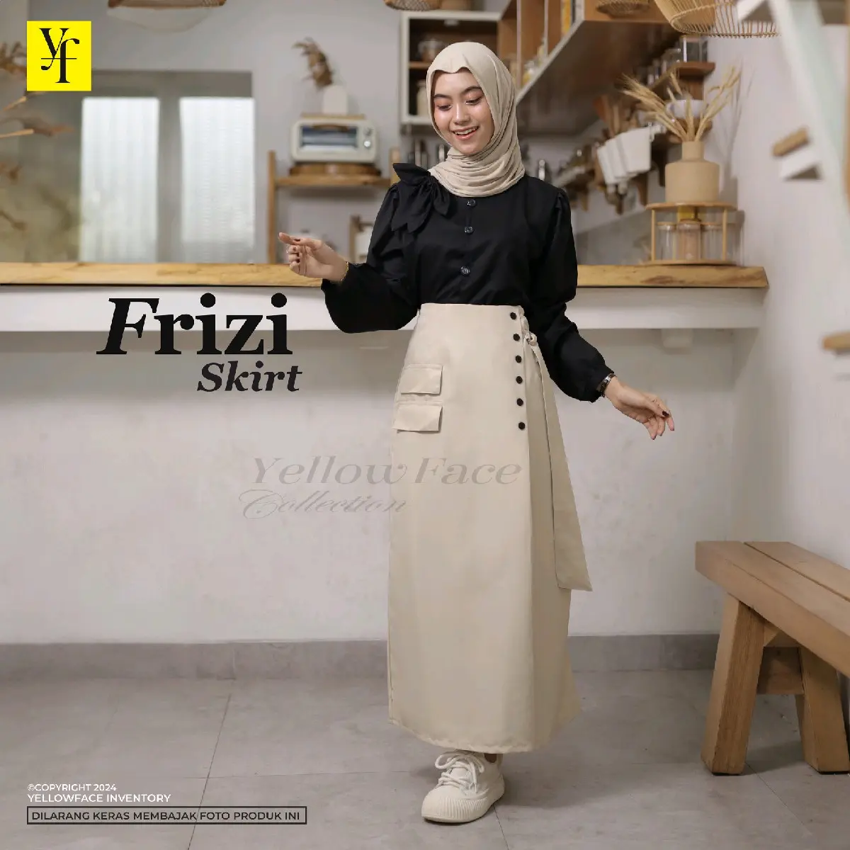 Yellowface Frizi Button Skirt Bahan Semi Woll / Rok Line-A / Rok Polos Panjang Aksesories Kancing Dan Pengait Samping / Rok Fok Kantor / Bawahan Wanita