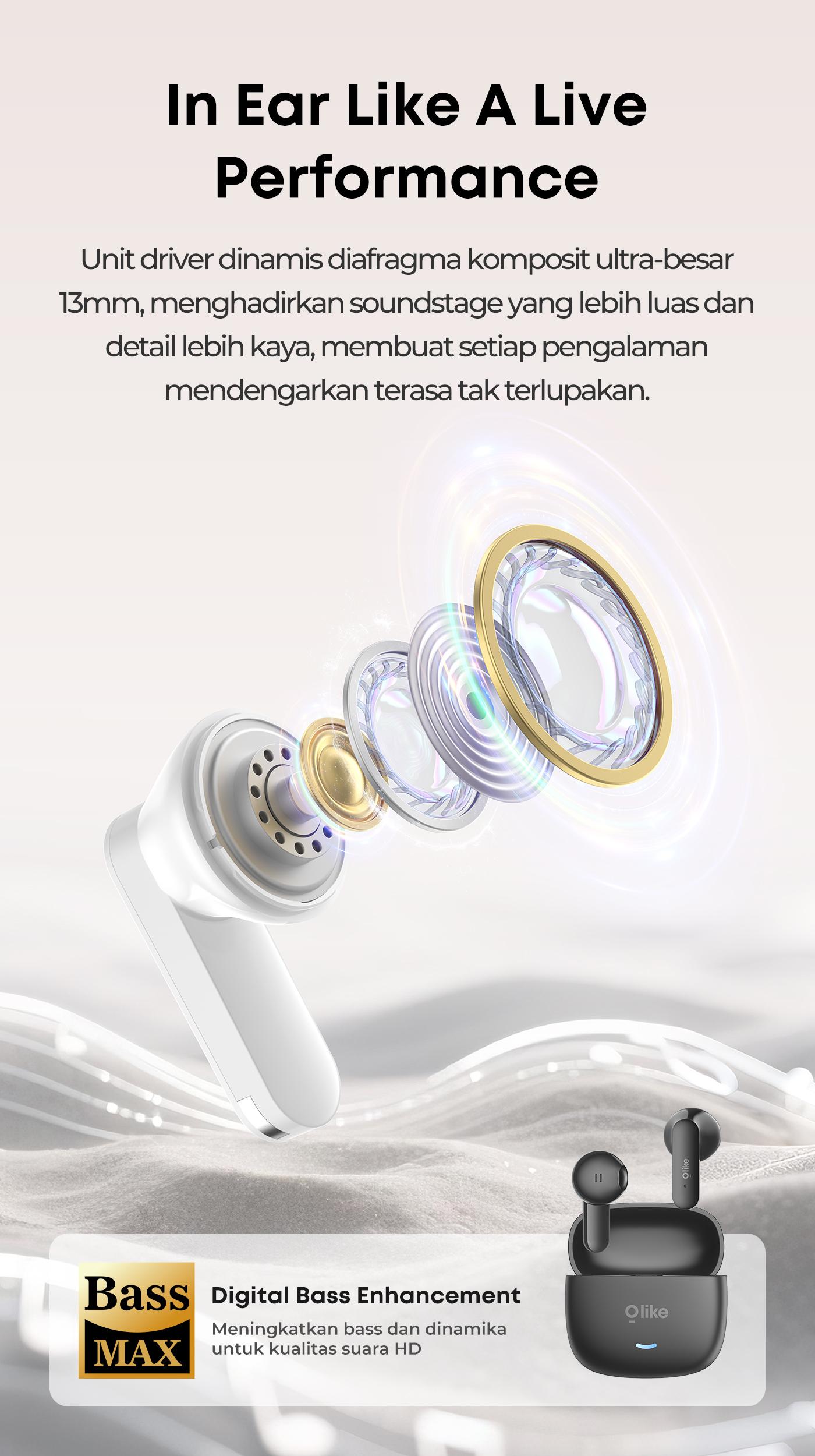 [EXCLUSIVE TONI CU] Olike Mini TWS T100S Bass True Wireless Earphone Bluetooth 6.0 Low Latency Driver 13mm Playtime 38 Hours IPX4 Waterproof Garansi 12 Bulan
