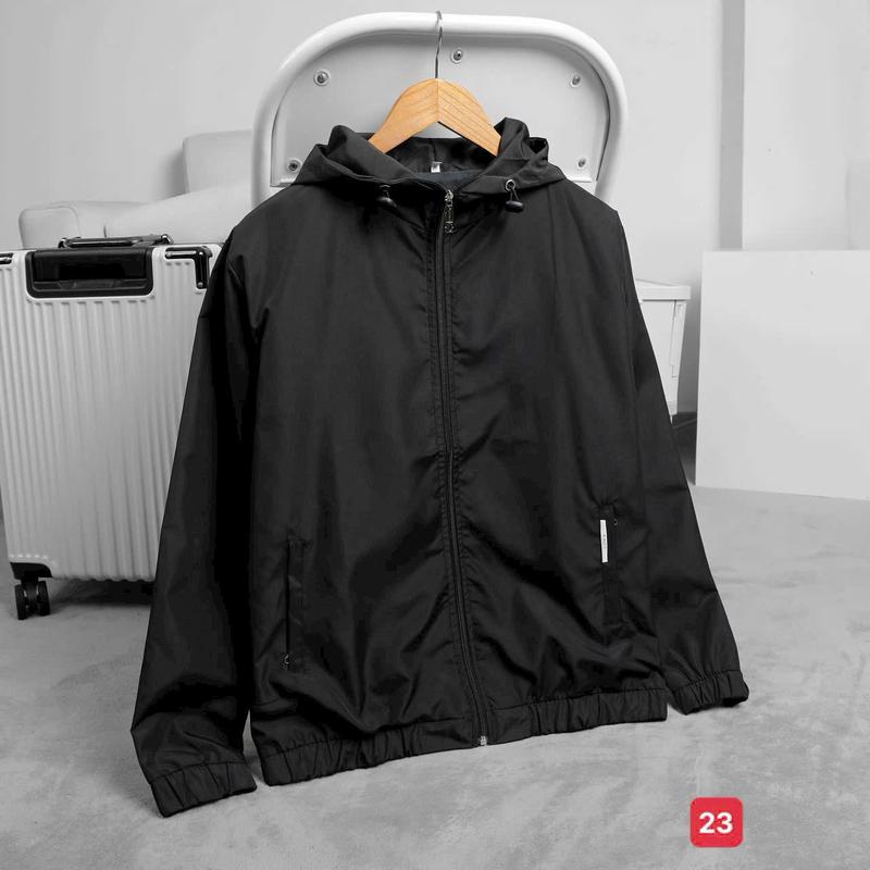 Áo khoác dù nam nữ - Áo gió màu trắng sọc xanh có dây rút điều chỉnh lai có nón - chống nước nhẹ