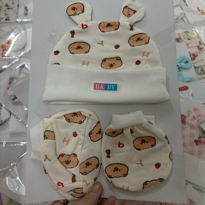 Bộ nón che thóp và bao tay bao chân cho bé sơ sinh nhiều màu