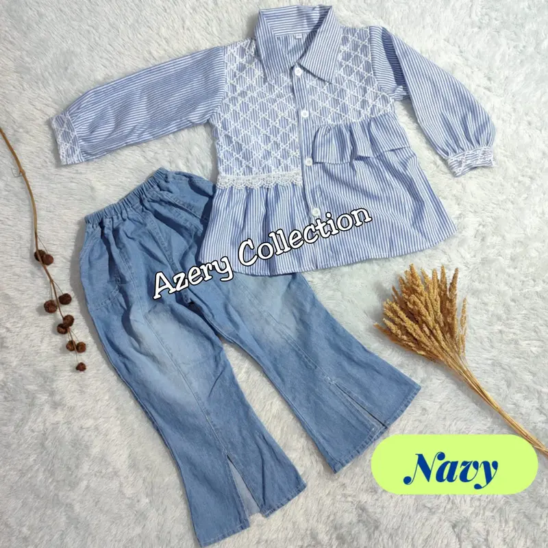 Setelan Anak Perempuan 4-12 Tahun, Baju Kemeja Salur dan Celana Jeans Cutbray - Fashion 0