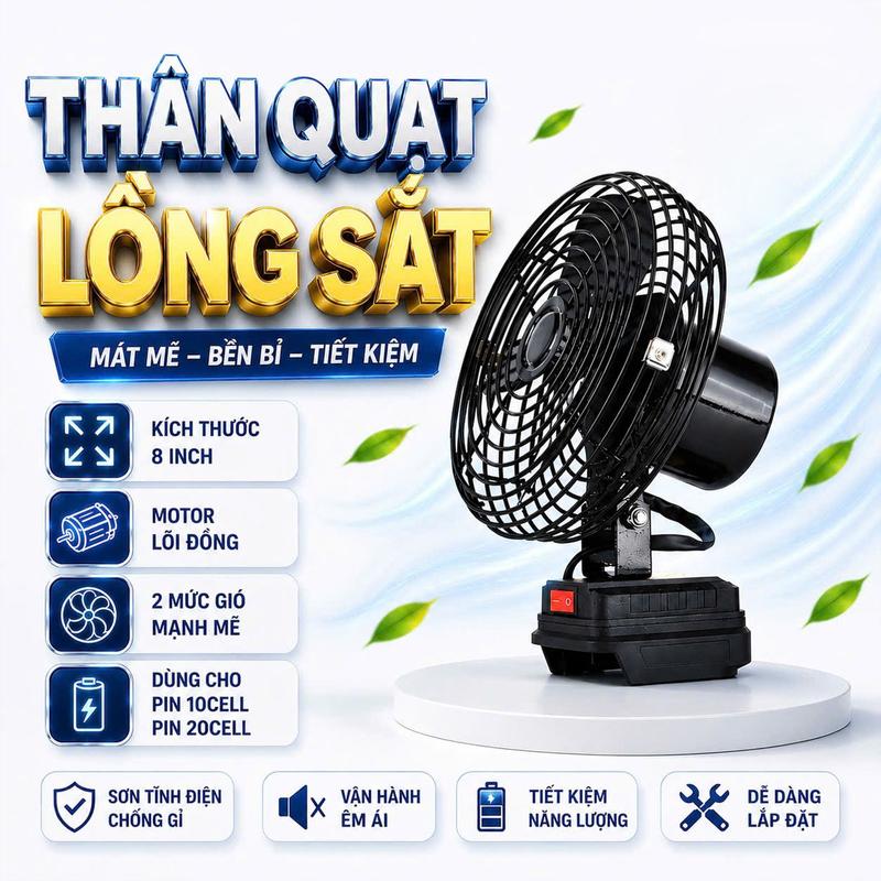 ( Lẻ Thân Quạt ) (KO PIN, KO SẠC) Thân Quạt Lồng Sắt Cánh Sắt, Dùng Chân Pin Phổng Thông 4cm, Để Bàn 2 Cấp Độ Gió Siêu Mát tiện lợi
