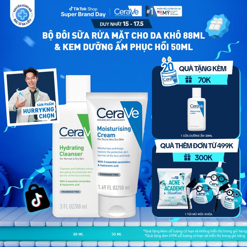 [DEAL ĐẶC BIỆT] Bộ sản phẩm Cerave Sữa rửa mặt giúp làm sạch sâu dành cho da thường và da khô (88ml) & Kem dưỡng ẩm dành cho da khô (50ml)