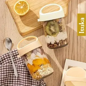 Gelas oatmeal estetik Gelas kaca Tumbler Kaca Tebal Tempat Oatmeal Free Sendok Kitchenware Mug Serbaguna Tempat Sarapan Traveling Oatlo