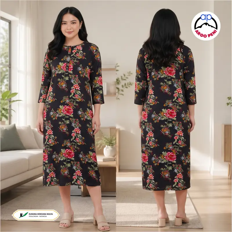 Midi Dress Rayon Premium Daster Sutra Dewa Busui Friendly Lengan 3/4 ...