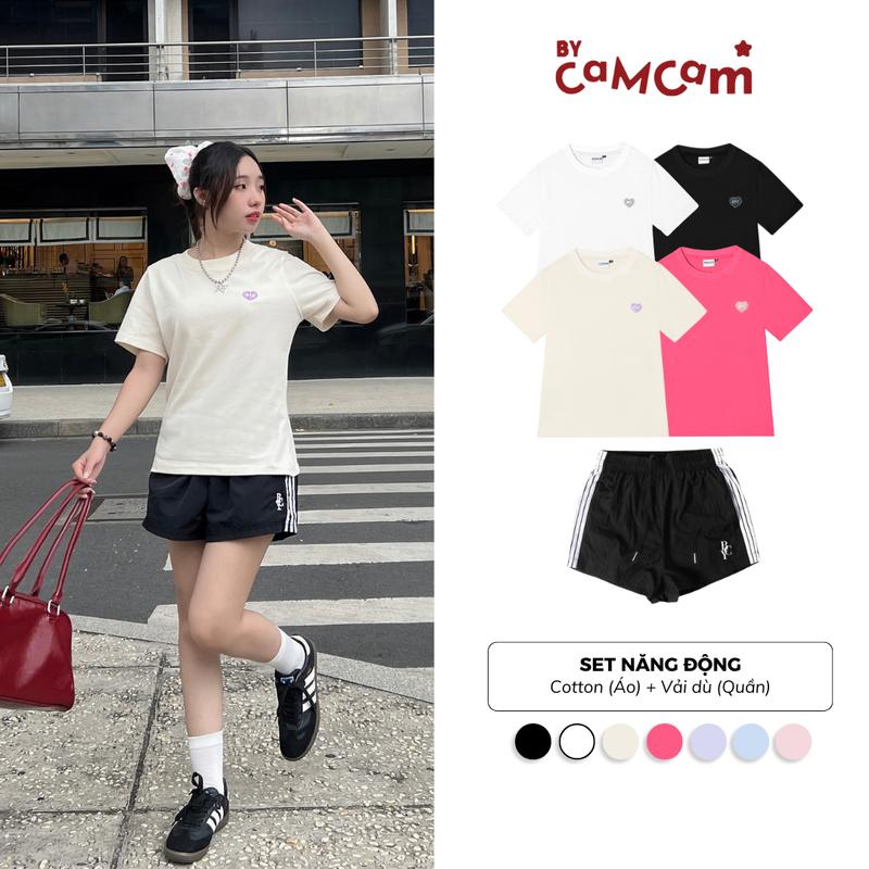 Set Đồ Nữ Bycamcam Áo Babytee Thêu Trái Tim + Quần Short Dù Thể Thao Sport Đi Chơi Đi Gym